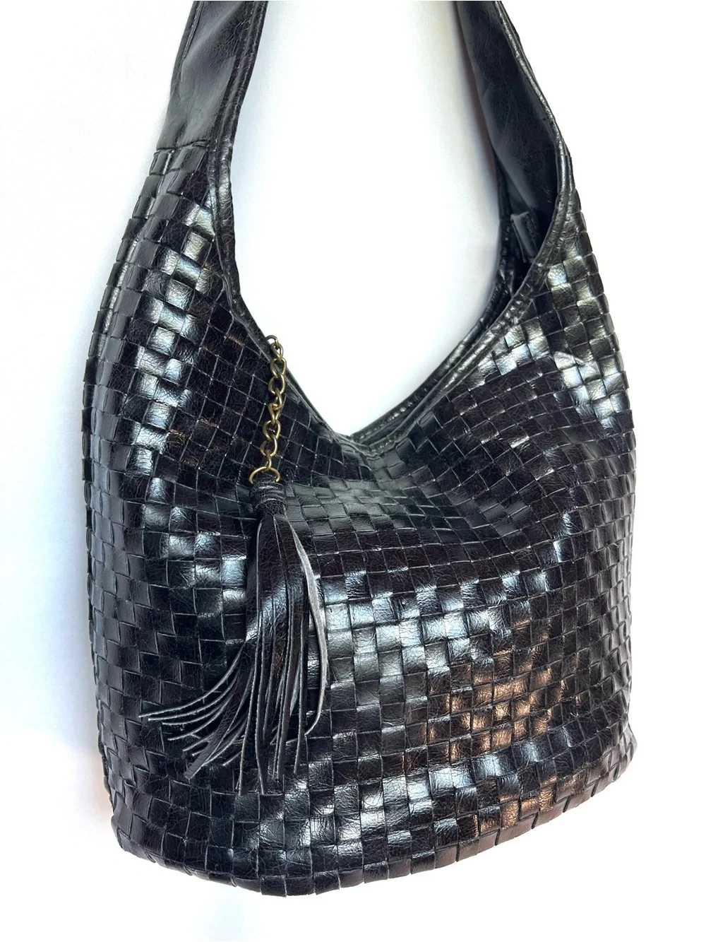 Braciano Woven Faux Leather Hobo Bag Black Tassel Shoulder Purse - Picture 5 of 11